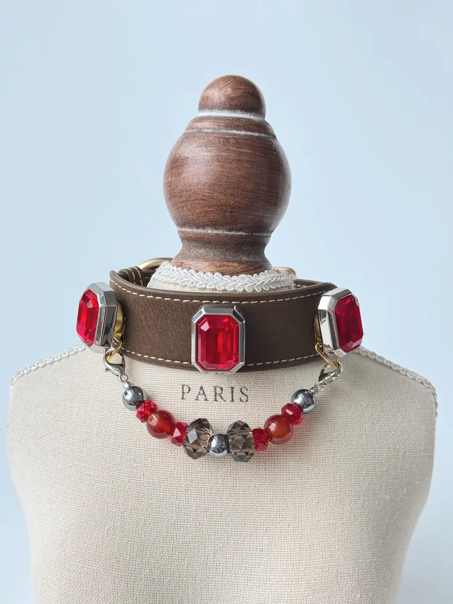 Braveheart Ruby showing the vegan leather band, bead strand and polished hardware